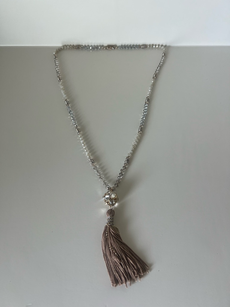 The Limited Silver Beaded Necklace With Taupe Tassel